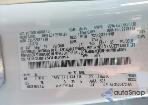 2016 Ford Escape S z USA, uszkodzony, nr VIN 1FMCU0F75GUB31994